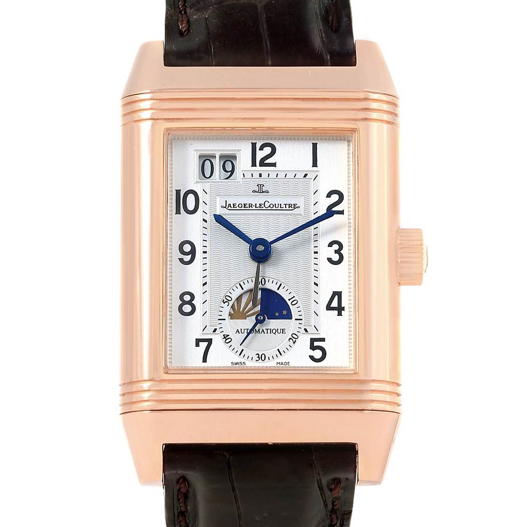 This image shows the front face of the Jaeger LeCoultre Reverso 240.2.72 Men's Rose Gold Silver Dial 240.2.72 Men's Rose Gold Silver Dial watch, including the dial, hands, and date display.
