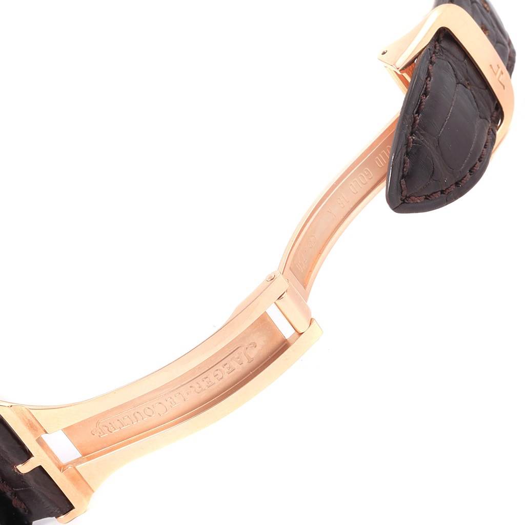 This image shows a close-up view of the clasp and leather strap of the Jaeger-LeCoultre Reverso watch.