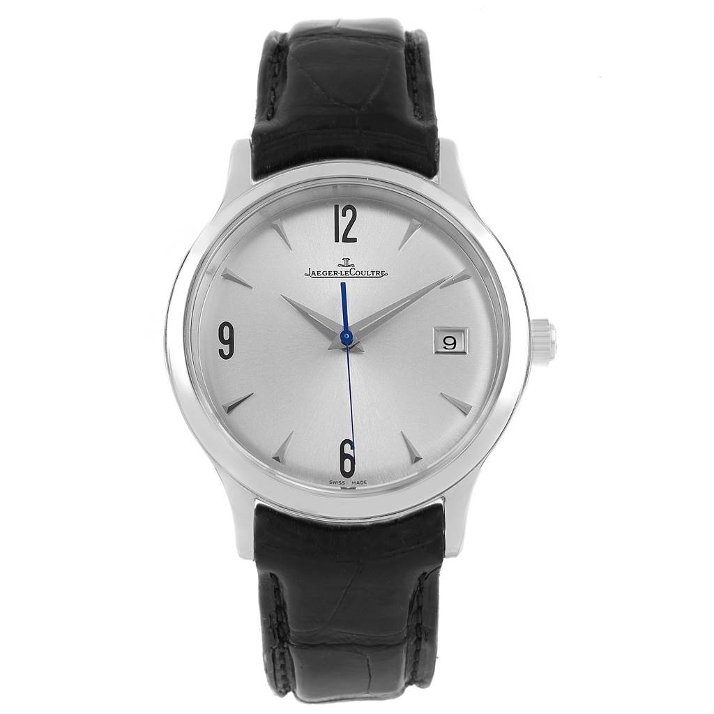 The image shows a front view of the Jaeger LeCoultre Master 140.8.89 Men's Steel and Gold (two tone) Silver Dial 140.8.89 Men's Steel and Gold (two tone) Silver Dial model watch, displaying its black leather strap, silver dial, and date window.