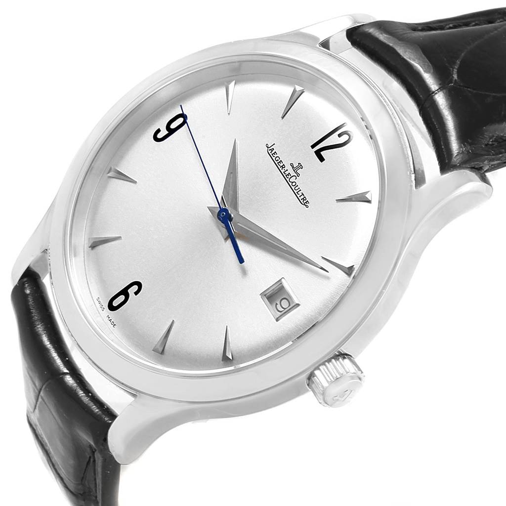 The image shows a Jaeger-LeCoultre Master model watch at an angled view, highlighting the dial, crown, lugs, and part of the strap.