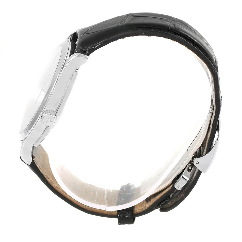 This image shows a Jaeger-LeCoultre Master model watch from a side angle, highlighting its case, crown, and a portion of its leather strap.