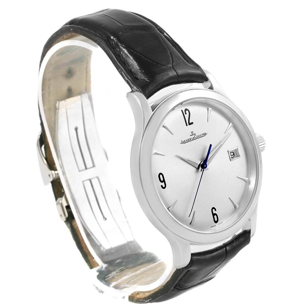 The image shows a close-up of the dial and leather strap of a Jaeger-LeCoultre Master model watch from a left-side angle.