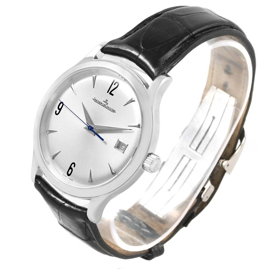 This is a Jaeger LeCoultre Master 140.8.89 Men's Steel and Gold (two tone) Silver Dial 140.8.89 Men's Steel and Gold (two tone) Silver Dial model watch shown from the front at a slight angle, highlighting the dial, case, and leather strap.