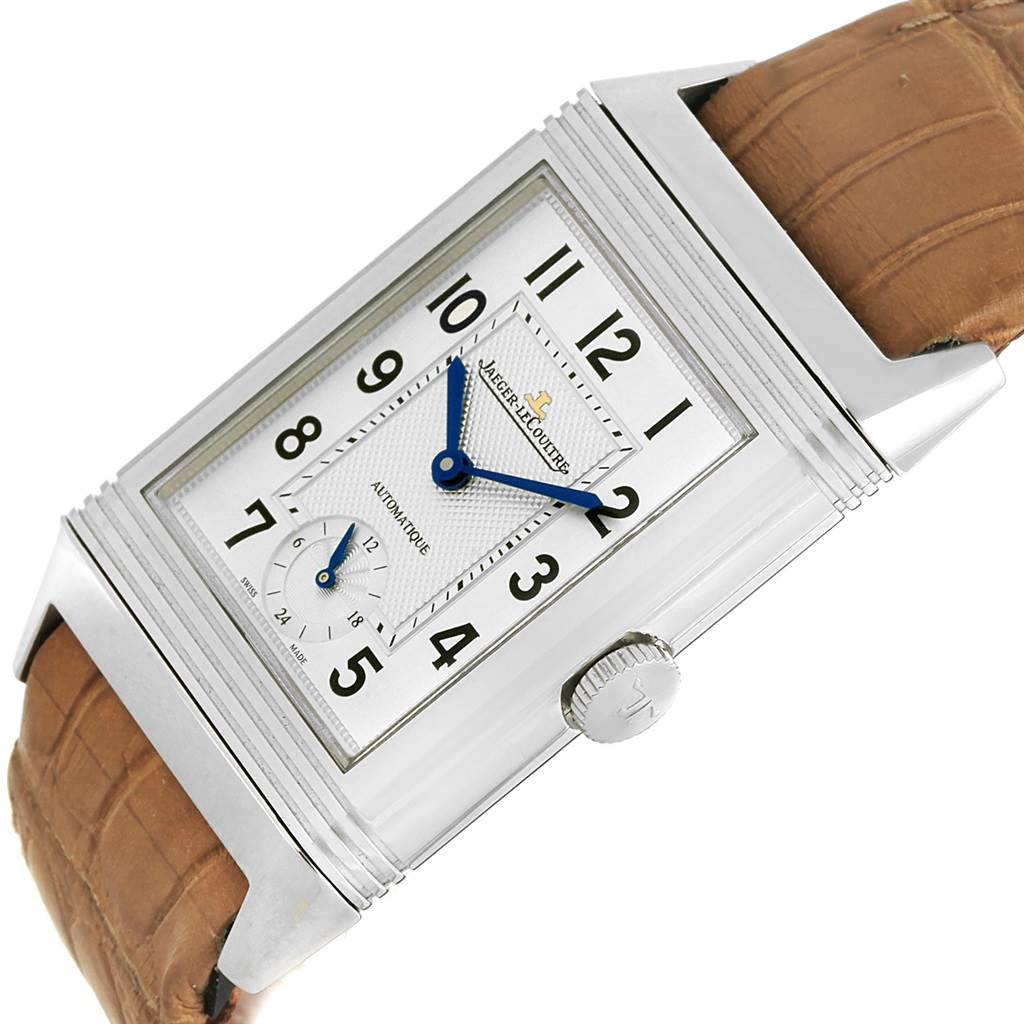 The Jaeger LeCoultre Reverso Q3808420 Men's Stainless Steel Silver Dial Q3808420 Men's Stainless Steel Silver Dial watch is shown from an angled front view, highlighting its dial, crown, and leather strap.