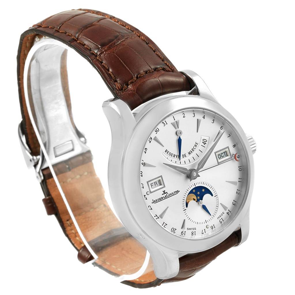 This image shows a Jaeger LeCoultre Master 147.8.41.S Men's Stainless Steel Silver Dial 147.8.41.S Men's Stainless Steel Silver Dial model watch at a three-quarter angle, highlighting its dial, crown, and leather strap.