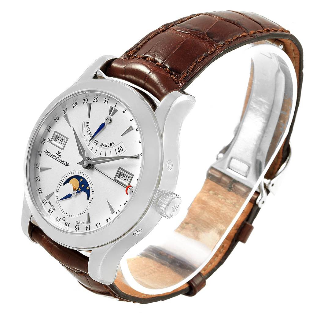 This image shows a side angle of the Jaeger LeCoultre Master 147.8.41.S Men's Stainless Steel Silver Dial 147.8.41.S Men's Stainless Steel Silver Dial model watch with a brown leather strap and detailed face.