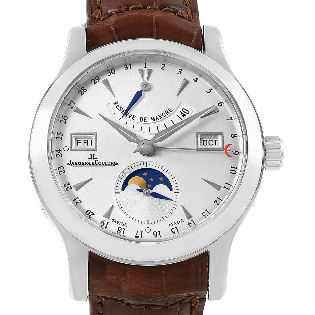 The image shows a front view of a Jaeger LeCoultre Master 147.8.41.S Men's Stainless Steel Silver Dial 147.8.41.S Men's Stainless Steel Silver Dial watch, featuring a moon phase, day, and month indicators.