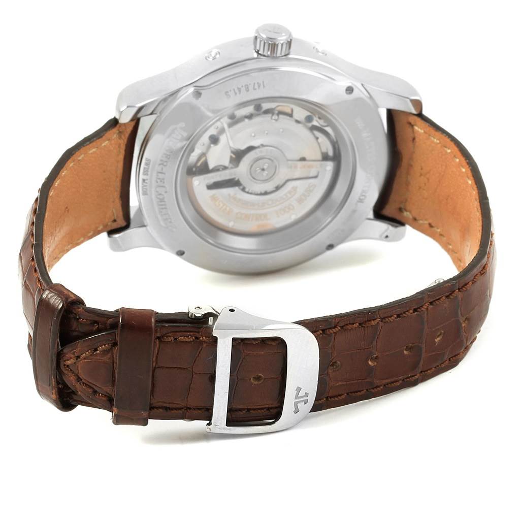 The image shows the back case and brown leather strap of a Jaeger-LeCoultre Master model watch.