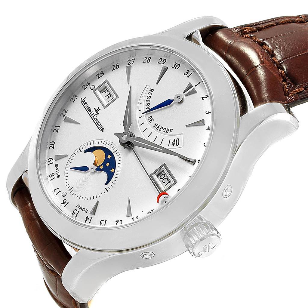 The image shows the dial and case of the Jaeger LeCoultre Master 147.8.41.S Men's Stainless Steel Silver Dial 147.8.41.S Men's Stainless Steel Silver Dial model watch, featuring hour markers, sub-dials, and leather strap at an oblique angle.