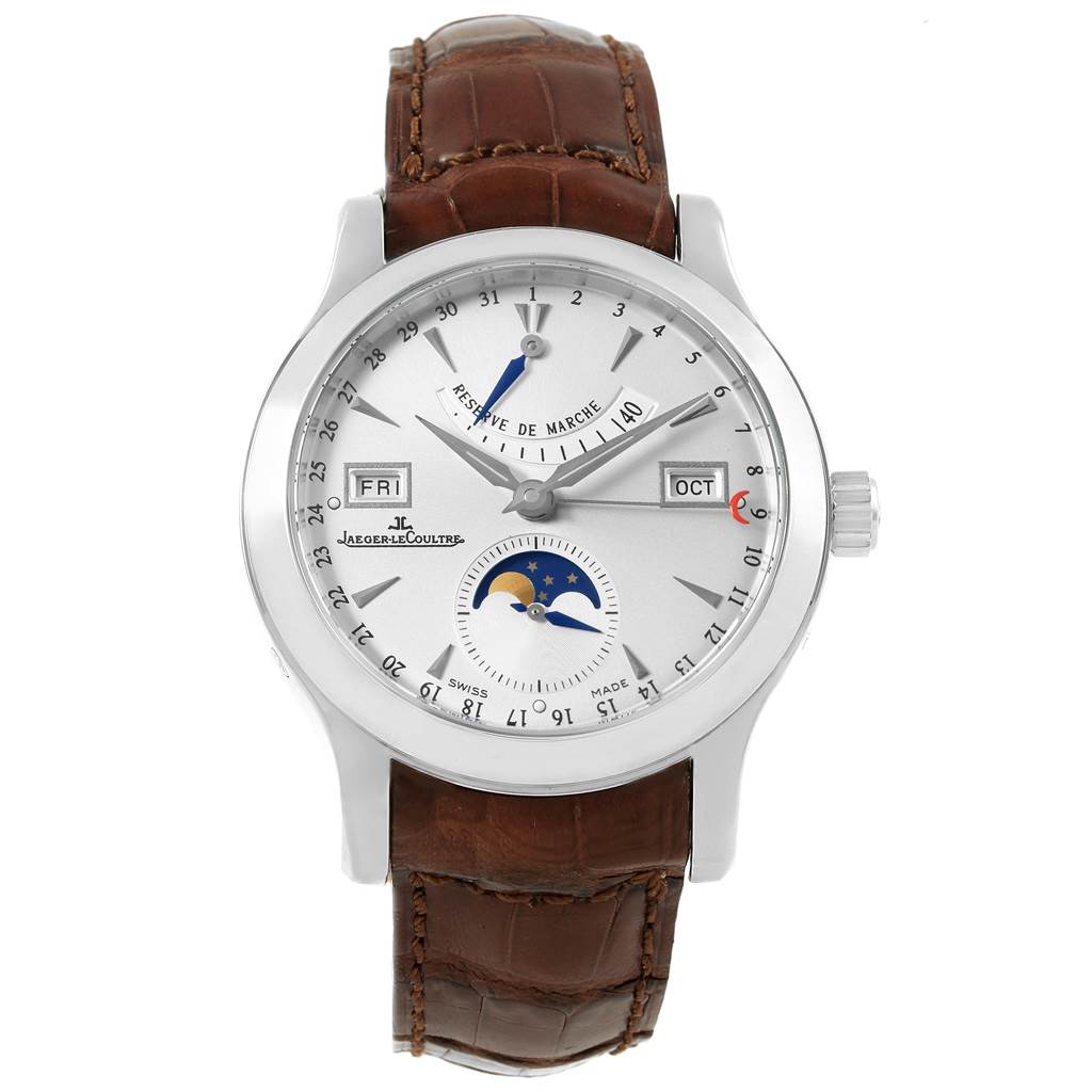 The Jaeger LeCoultre Master 147.8.41.S Men's Stainless Steel Silver Dial 147.8.41.S Men's Stainless Steel Silver Dial model watch is shown from a front angle, displaying its dial, strap, and complications.