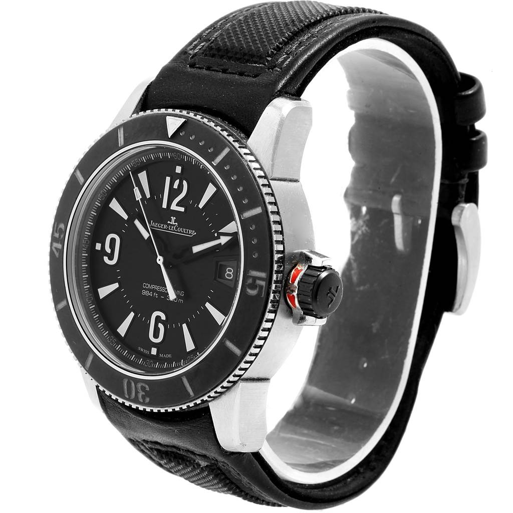 The image shows a Jaeger-LeCoultre Master model watch from an angled side view featuring the case, bezel, crown, and strap.