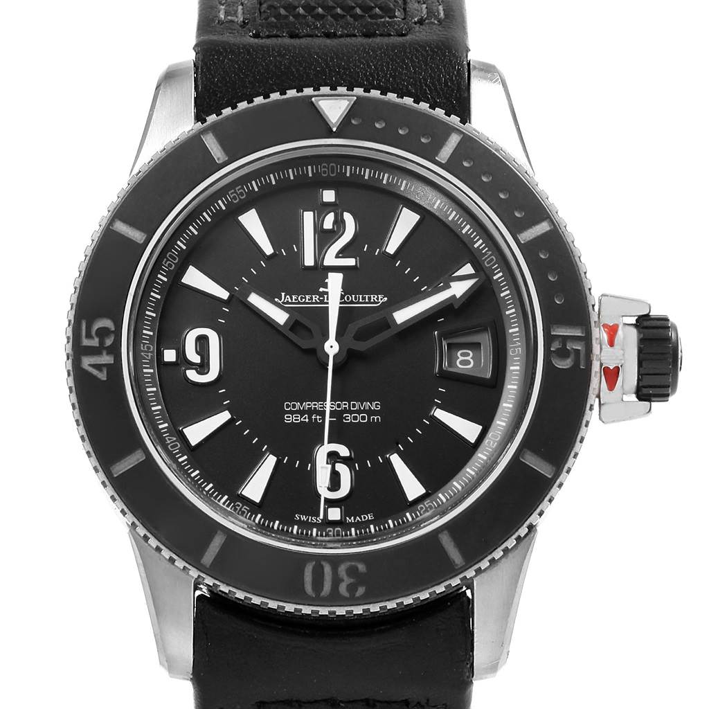 The image shows a front view of the Jaeger LeCoultre Master Q2018770 Men's Stainless Steel Black Dial Q2018770 Men's Stainless Steel Black Dial model watch, highlighting its dial, bezel, and crown.