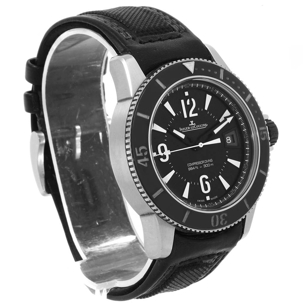 The image shows a Jaeger LeCoultre Master Q2018770 Men's Stainless Steel Black Dial Q2018770 Men's Stainless Steel Black Dial model watch angled to display the watch face, bezel, and part of the strap.