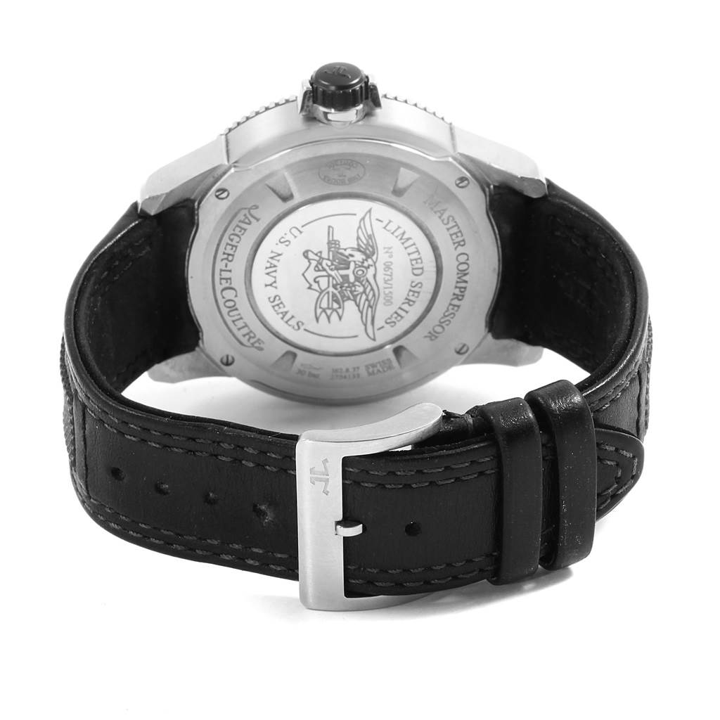 The image shows the back of the Jaeger LeCoultre Master Q2018770 Men's Stainless Steel Black Dial Q2018770 Men's Stainless Steel Black Dial model watch, highlighting the case back and leather strap with buckle.