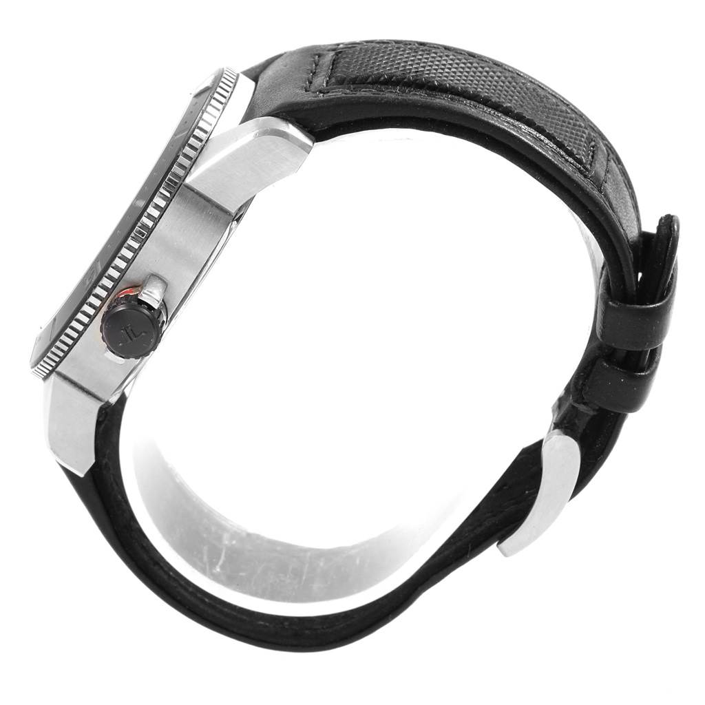 The image shows a side view of a Jaeger LeCoultre Master Q2018770 Men's Stainless Steel Black Dial Q2018770 Men's Stainless Steel Black Dial model watch, highlighting its case, crown, and strap.