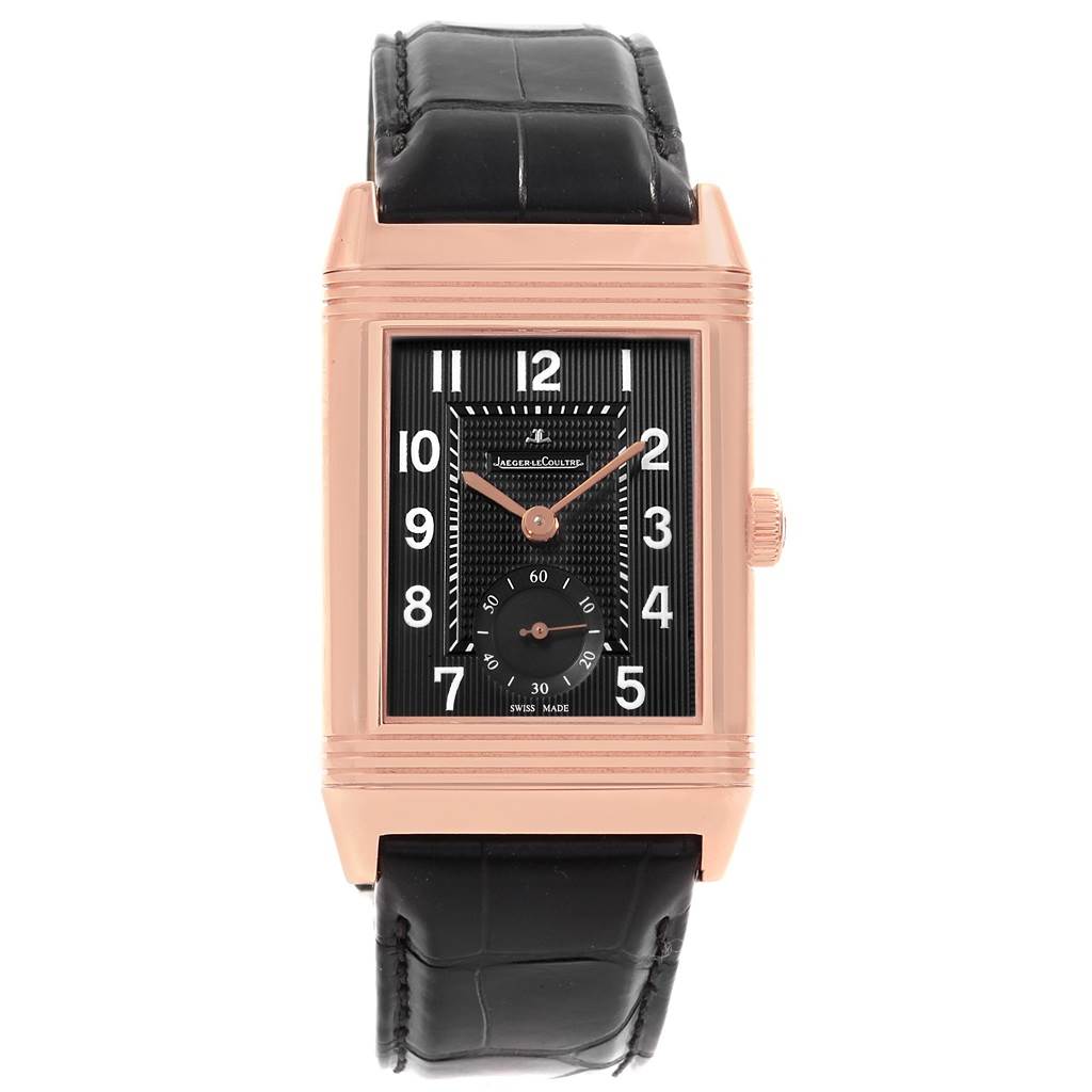 The Jaeger LeCoultre Reverso Q3732470 Men's Rose Gold Black Dial Q3732470 Men's Rose Gold Black Dial watch is shown at a straight-on angle, displaying the face, case, and leather strap.