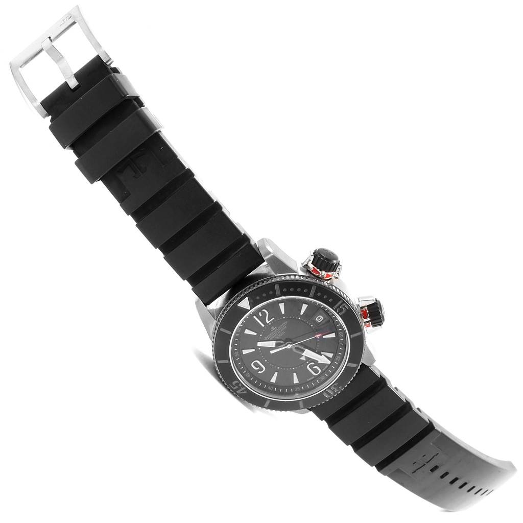 The image shows a Jaeger LeCoultre Master Q183T770 Men
s Titanium Black Dial Q183T770 Men
s Titanium Black Dial model watch from an angled top view, highlighting its black strap and face.