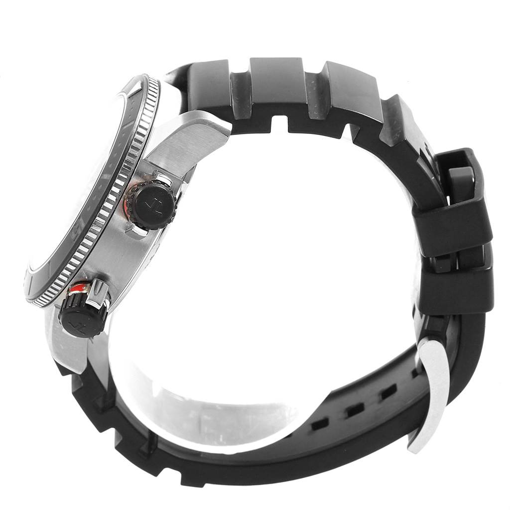 The image shows a side view of the Jaeger LeCoultre Master Q183T770 Men
s Titanium Black Dial Q183T770 Men
s Titanium Black Dial model watch, highlighting the case, crown, and black rubber strap.