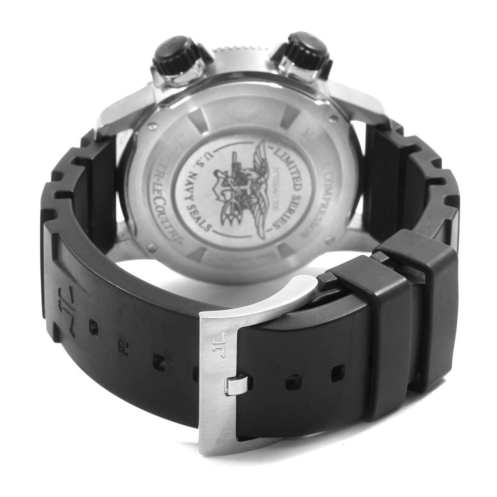 The image shows the back view of a Jaeger LeCoultre Master Q183T770 Men
s Titanium Black Dial Q183T770 Men
s Titanium Black Dial model, highlighting the case back, strap, and clasp.