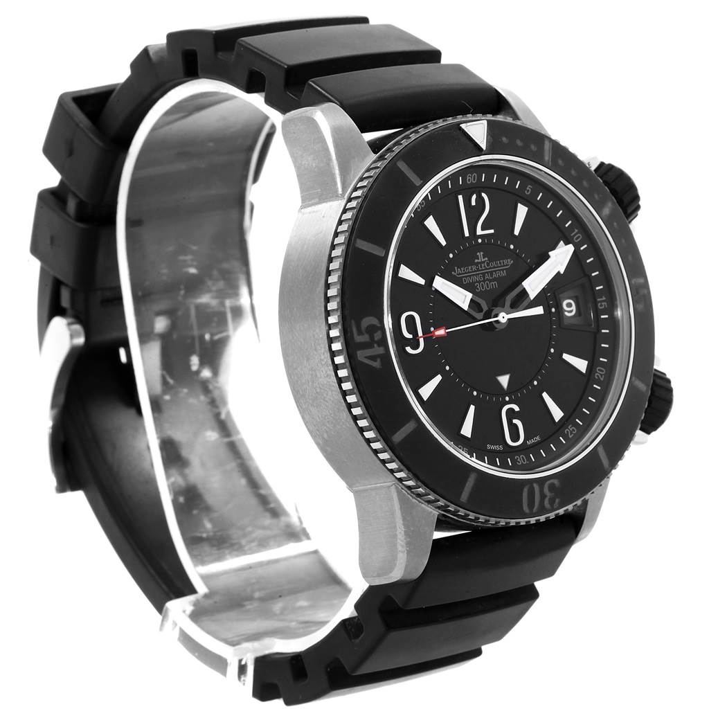 The Jaeger-LeCoultre Master model watch is shown at an angle highlighting its face, bezel, crown, and black strap.