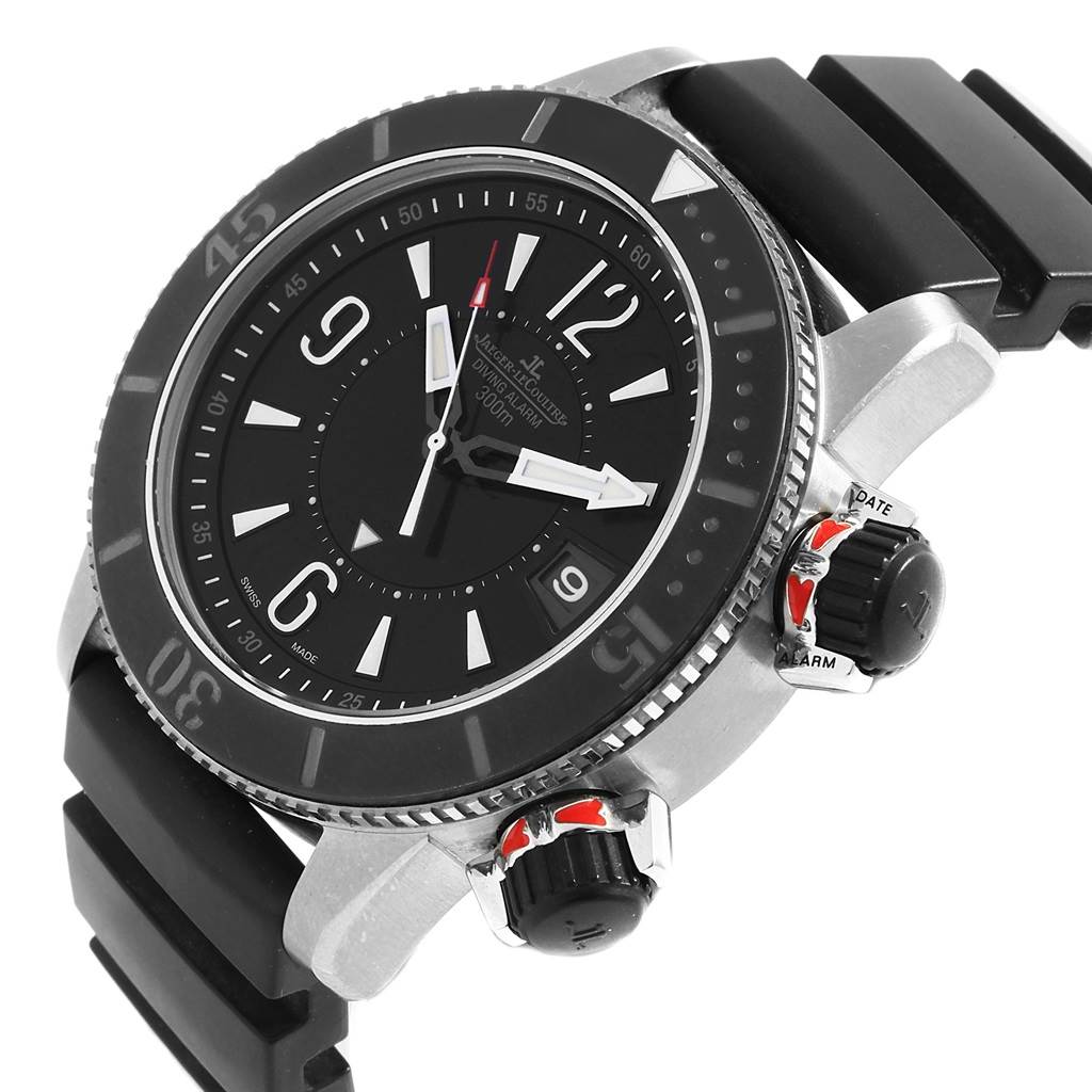 This Jaeger LeCoultre Master Q183T770 Men
s Titanium Black Dial Q183T770 Men
s Titanium Black Dial watch is shown at a slight side angle, highlighting the dial, bezel, and crown.