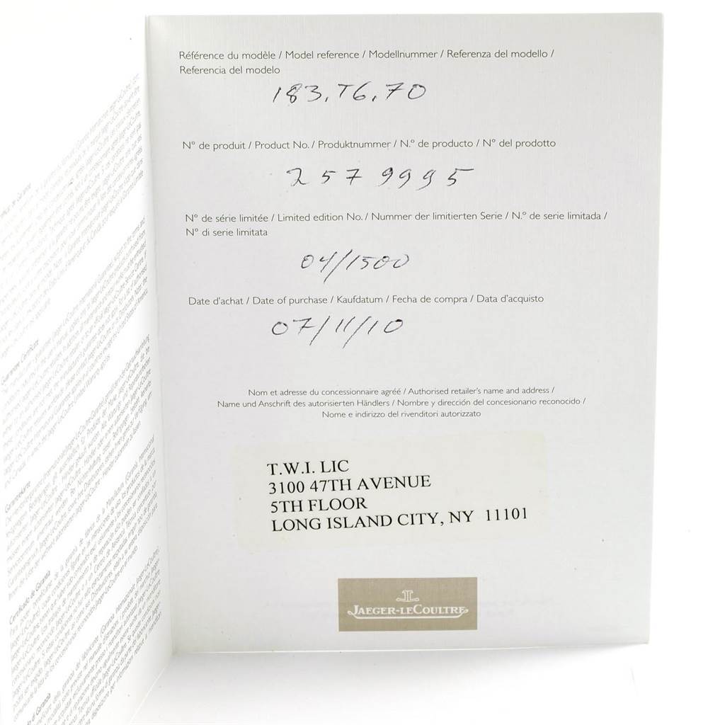 This image shows the documentation for a Jaeger-LeCoultre Master model watch, displayed at a slightly open angle.
