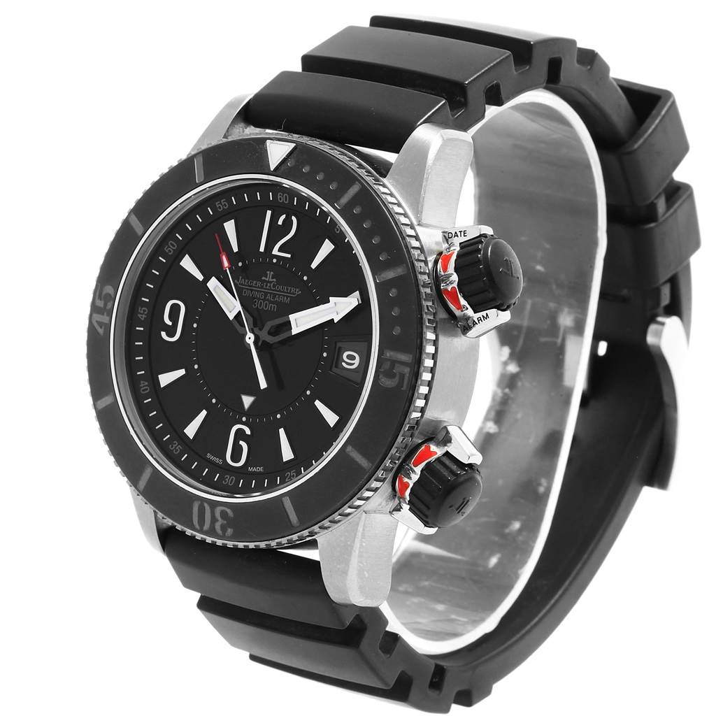 The image shows a Jaeger-LeCoultre Master model watch from a three-quarter view, highlighting the face, bezel, and side buttons.