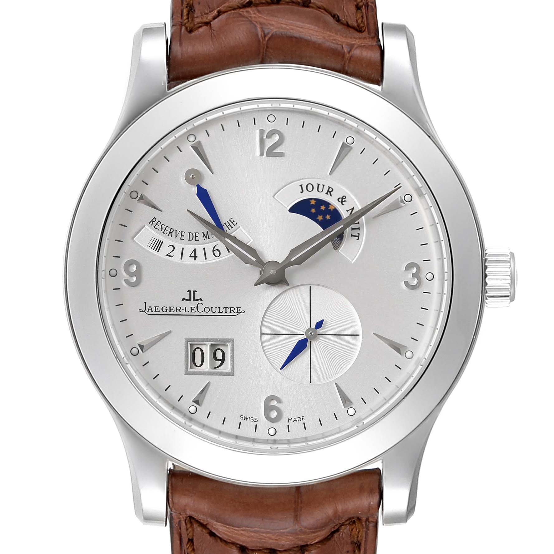 This Jaeger-LeCoultre Master watch is shown from a front angle, displaying the dial, crown, and part of the leather strap.