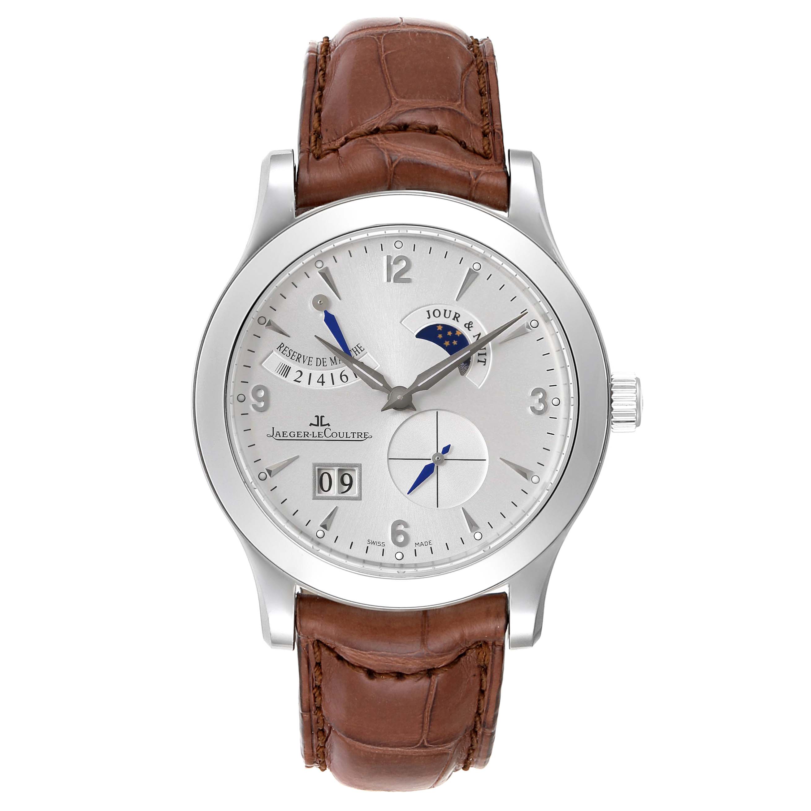 The Jaeger-LeCoultre Master model watch is shown from a top view, featuring a silver dial, brown leather strap, and multiple complications.
