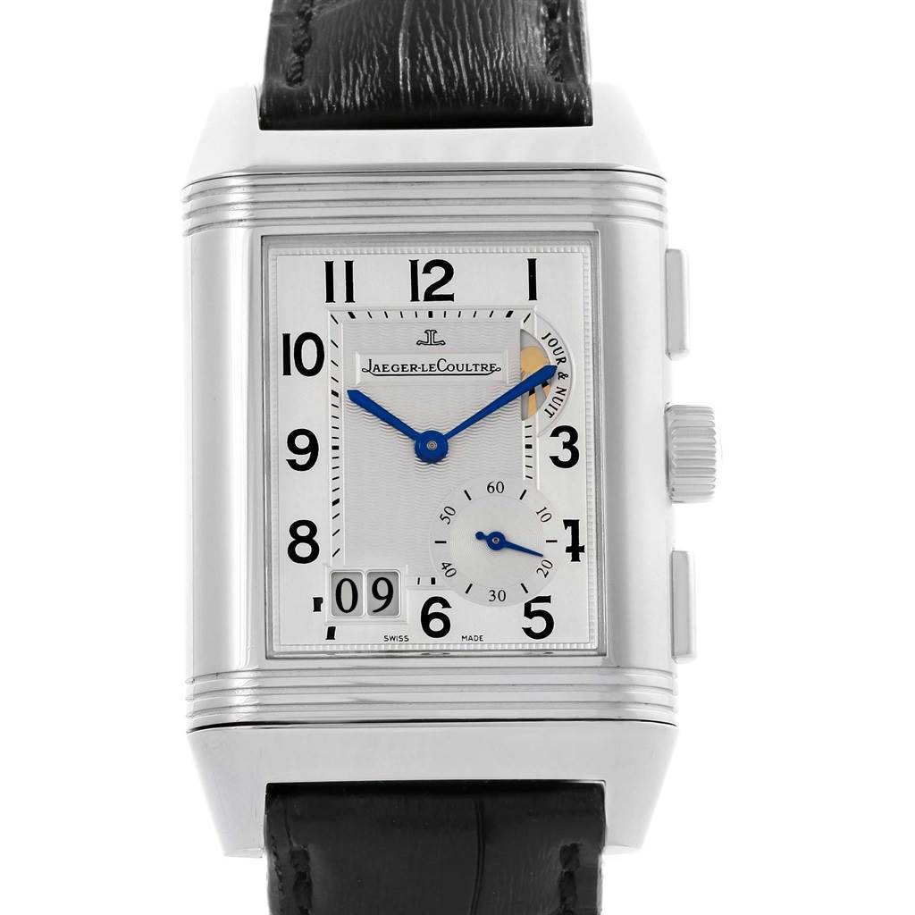 The image shows a frontal view of the Jaeger-LeCoultre Reverso, displaying the watch face, numerals, and leather strap.