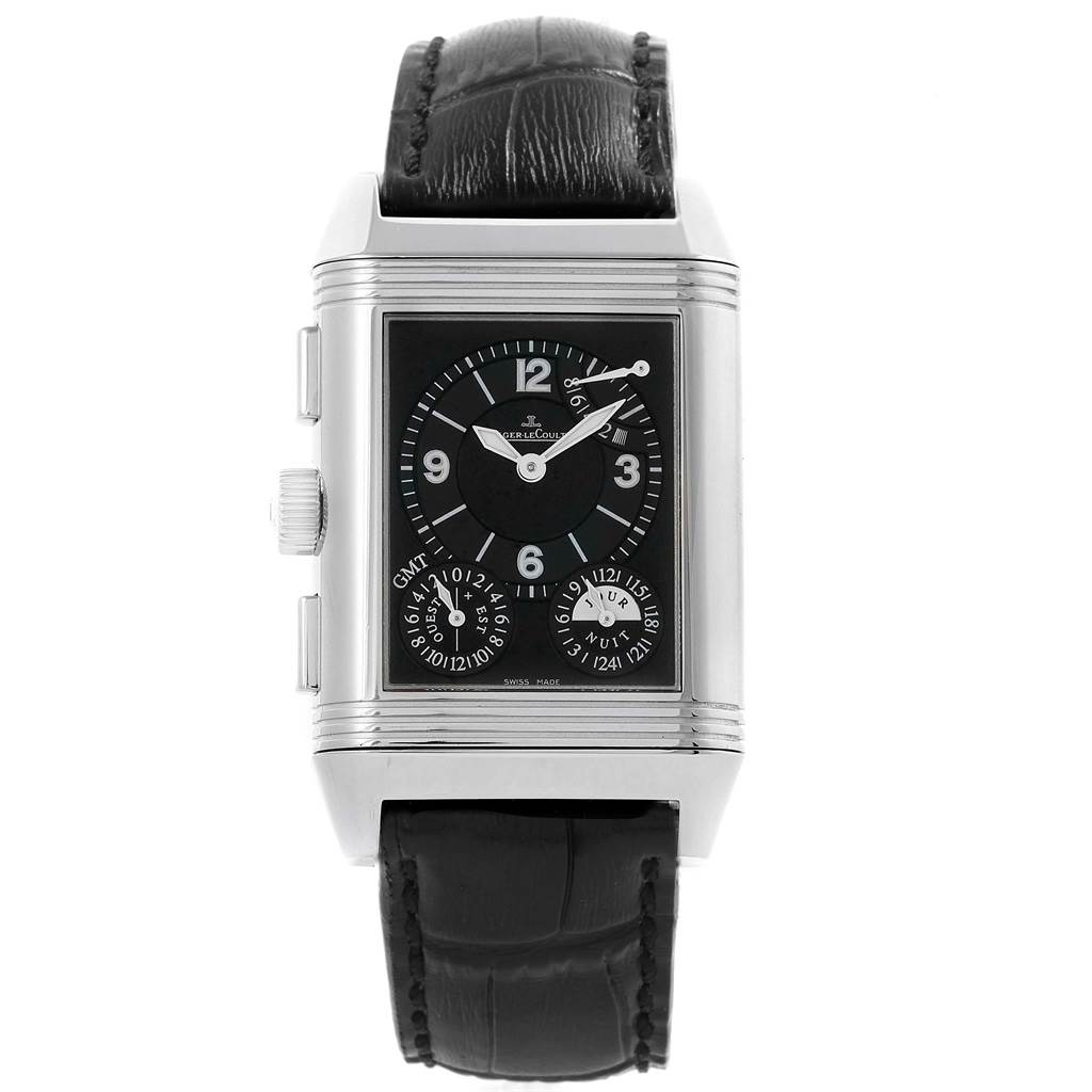 This image shows a front view of the Jaeger LeCoultre Reverso Q3028420 Men's Stainless Steel Silver Dial Q3028420 Men's Stainless Steel Silver Dial watch, displaying its dial, case, buttons, and black leather strap.