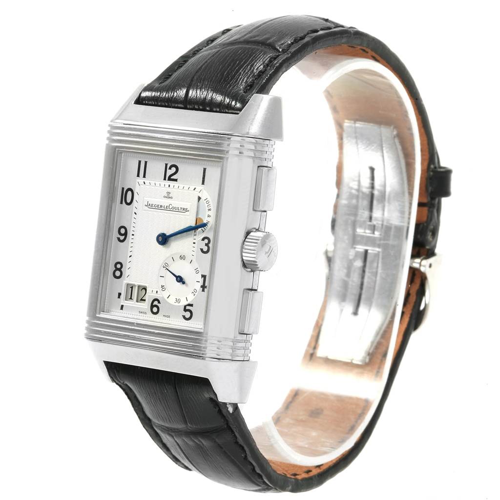 This image shows a Jaeger-LeCoultre Reverso watch from a front angle, highlighting its dial, crown, and leather strap.