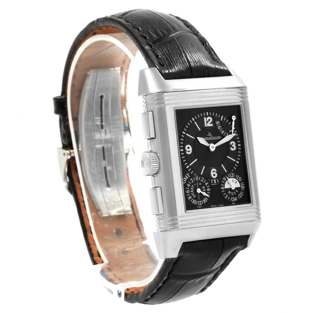 The Jaeger-LeCoultre Reverso watch is shown from a front-side angle, displaying the face, strap, and crown.
