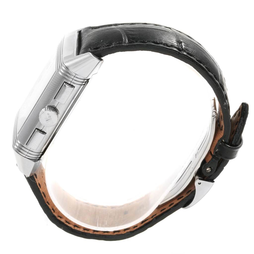 The image shows a side view of the Jaeger LeCoultre Reverso Q3028420 Men's Stainless Steel Silver Dial Q3028420 Men's Stainless Steel Silver Dial watch highlighting its case, crown, and leather strap.