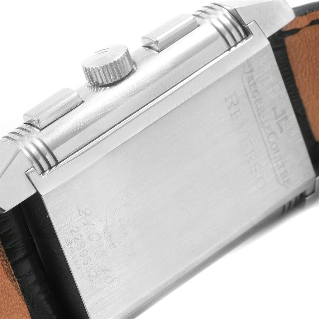 The image shows the side view of a Jaeger LeCoultre Reverso Q3028420 Men's Stainless Steel Silver Dial Q3028420 Men's Stainless Steel Silver Dial watch, highlighting the crown, pushers, and a portion of the strap.