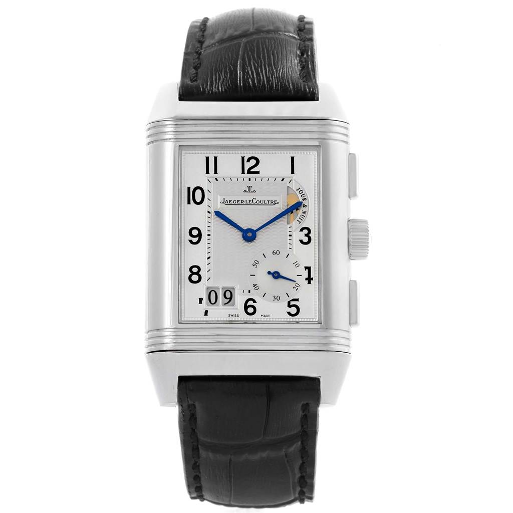 This image shows a frontal view of the Jaeger-LeCoultre Reverso watch, featuring the dial, numerals, hands, and a black leather strap.