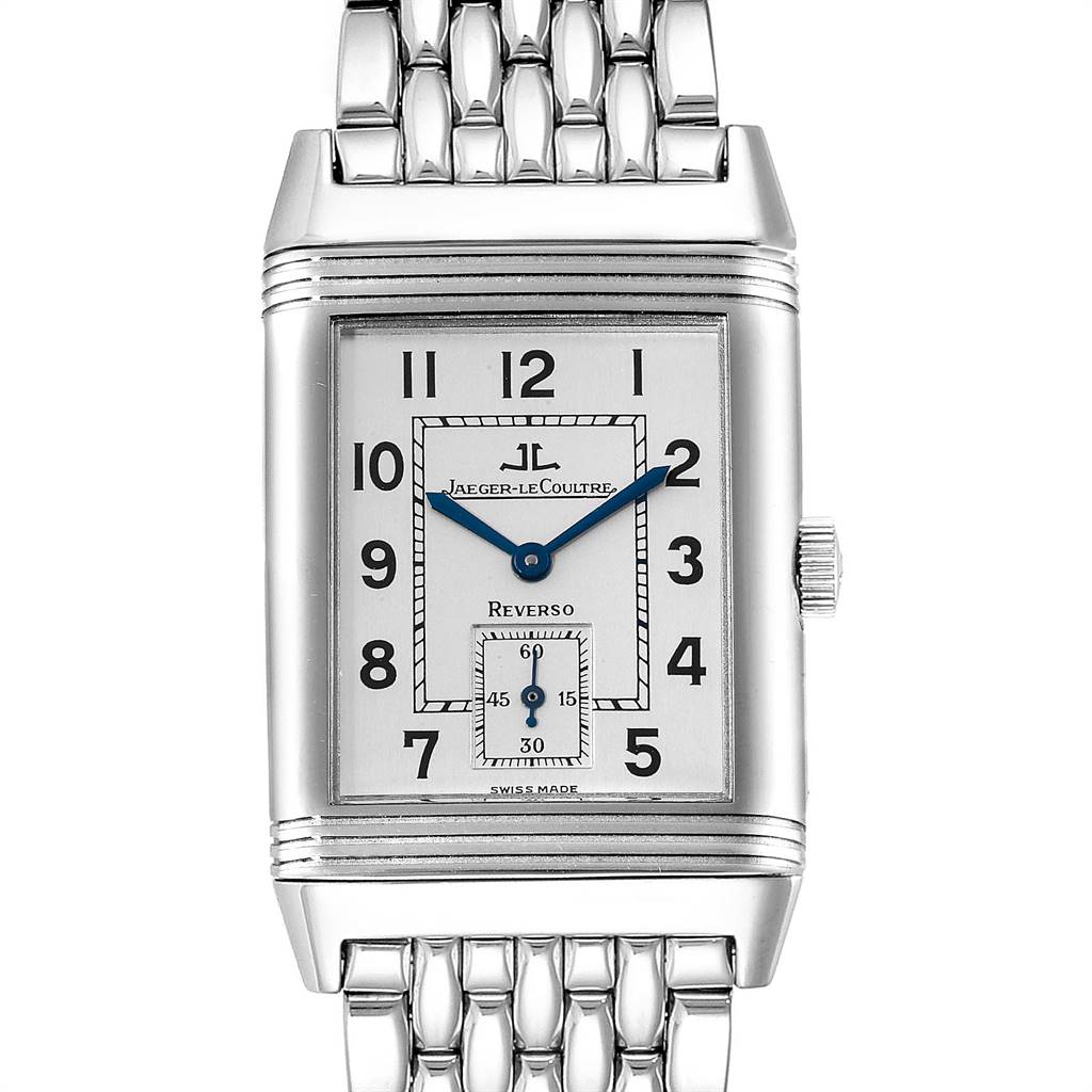 This image shows a front view of the Jaeger LeCoultre Reverso 270.8.62 Men's Stainless Steel Silver Dial 270.8.62 Men's Stainless Steel Silver Dial watch, highlighting its rectangular face, blue hands, and metal strap.