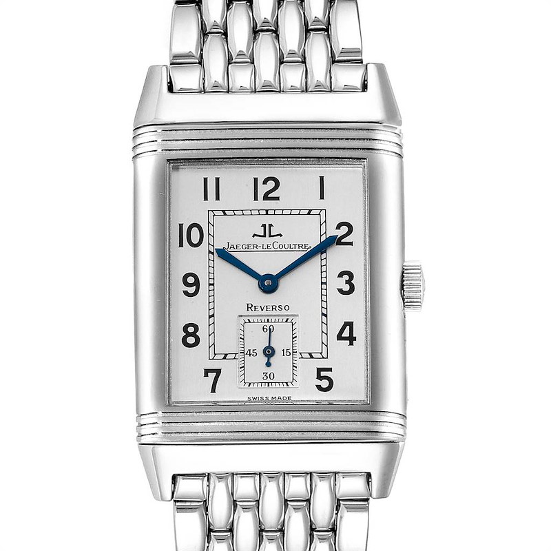 This image shows a front view of the Jaeger LeCoultre Reverso watch, highlighting its rectangular face, blue hands, and metal strap.