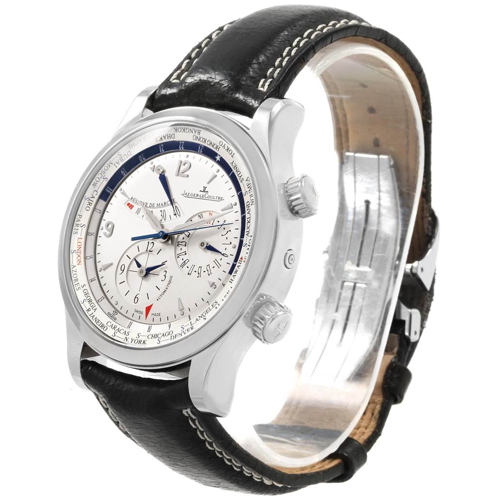 This image shows a Jaeger-LeCoultre Master model watch from an angled side view, highlighting the case, dial, and leather strap.