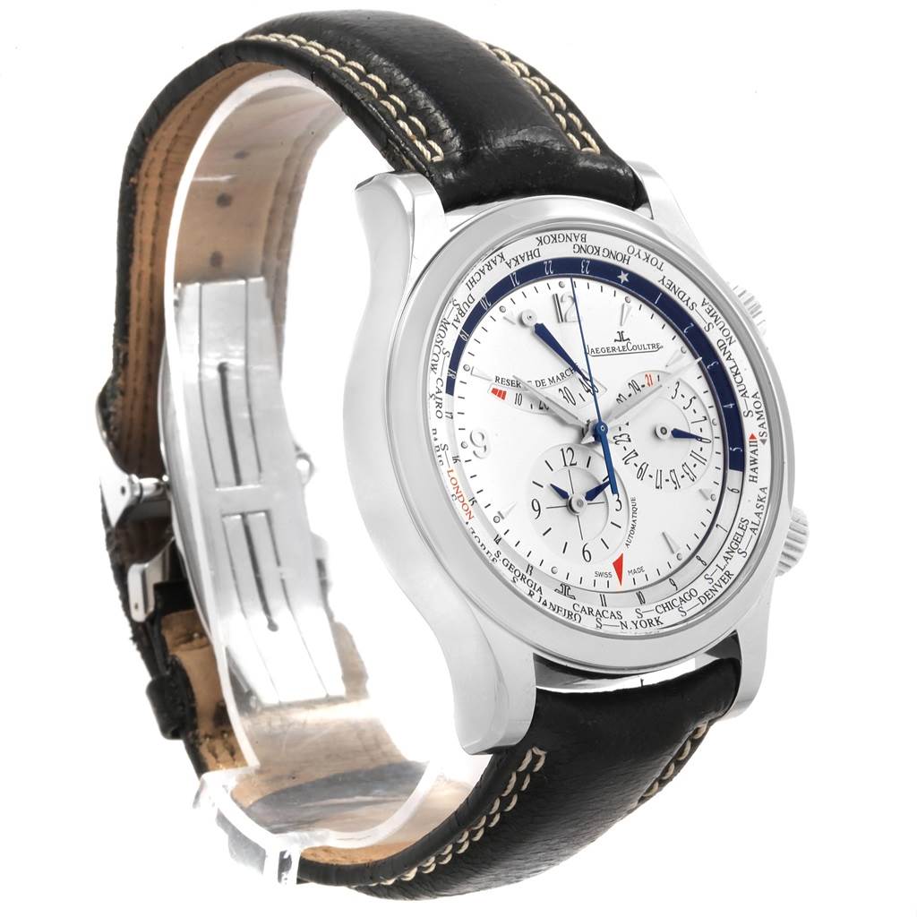 The image shows a Jaeger-LeCoultre Master model watch from a slight side angle, displaying the face, case, and leather strap.