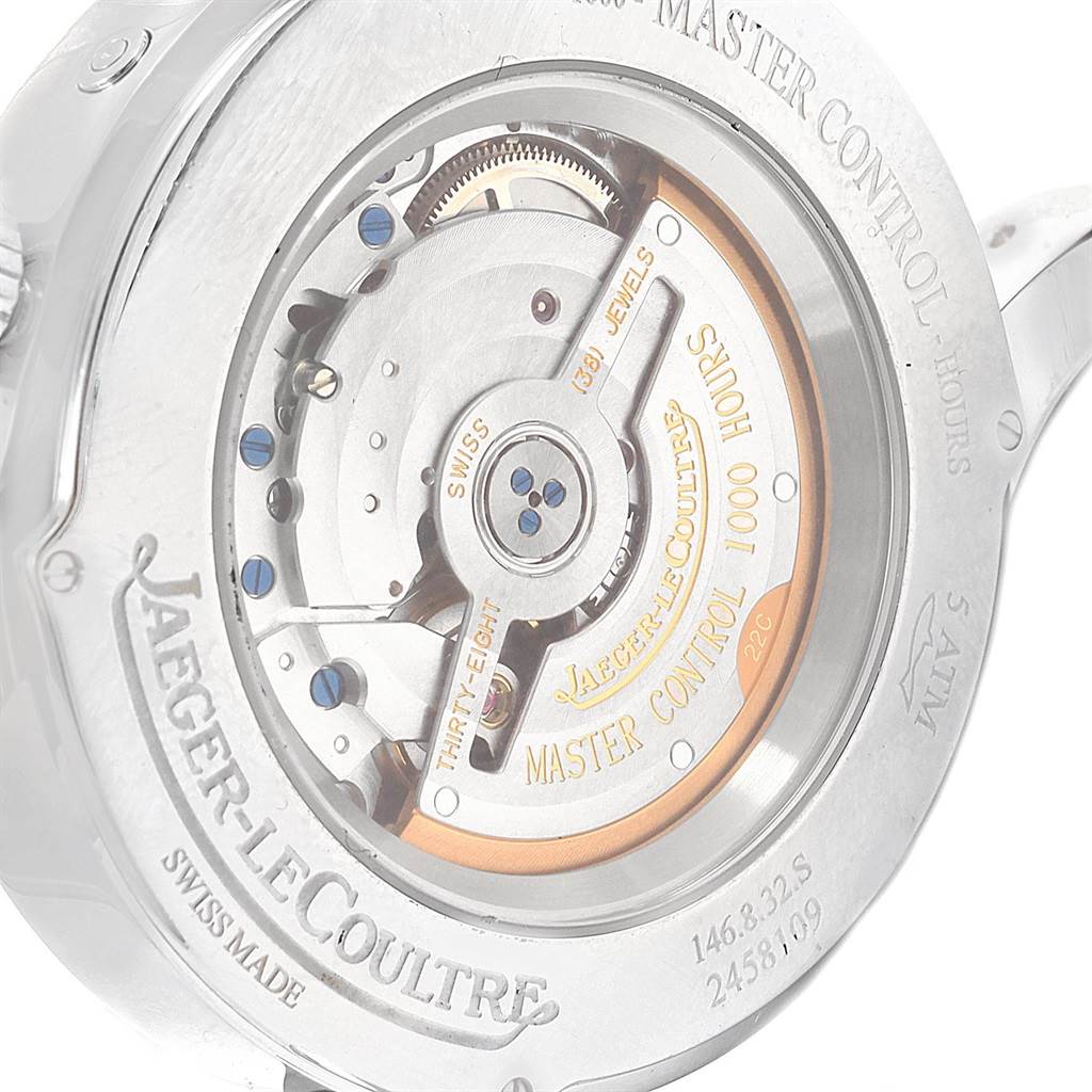 The image shows the back view of the Jaeger LeCoultre Master Q1528420 Men's Stainless Steel Silver Dial Q1528420 Men's Stainless Steel Silver Dial Control watch, highlighting its intricate mechanism and engravings.