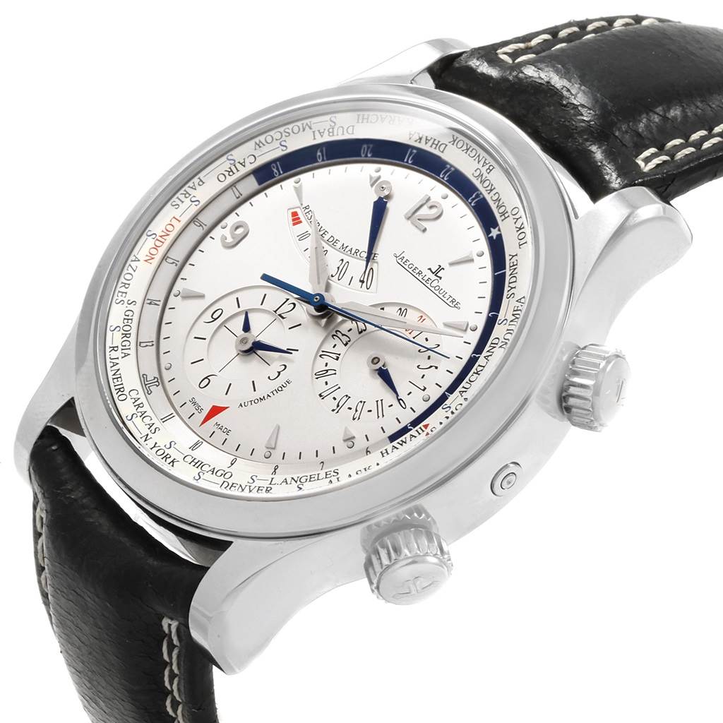 The image shows a Jaeger-LeCoultre Master model watch at a three-quarter angle, highlighting the face, side buttons, crown, and black leather strap.