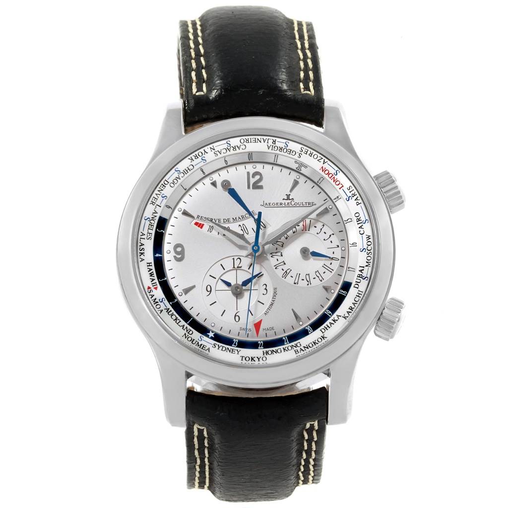 The image shows a front view of the Jaeger LeCoultre Master Q1528420 Men's Stainless Steel Silver Dial Q1528420 Men's Stainless Steel Silver Dial model watch with black leather strap and various dials on a silver face.