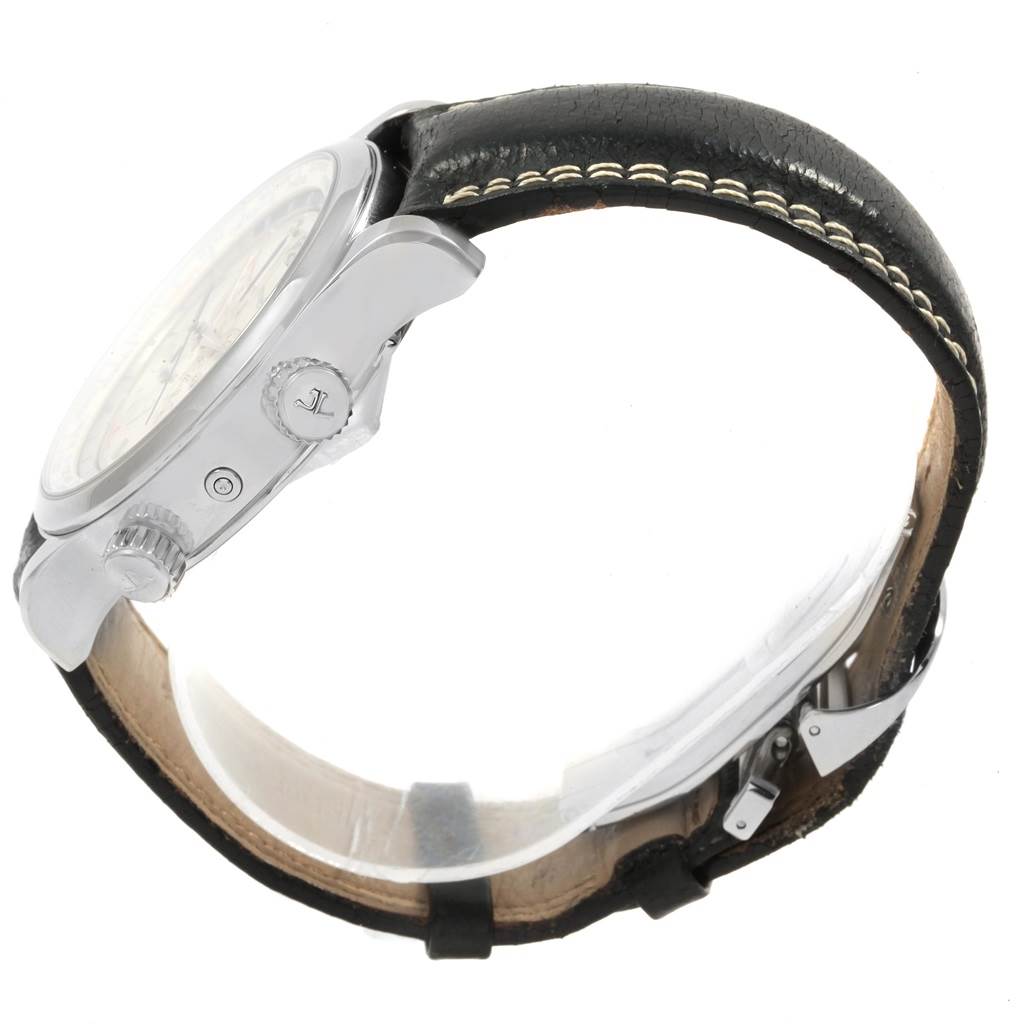 This image shows a side angle of the Jaeger LeCoultre Master Q1528420 Men's Stainless Steel Silver Dial Q1528420 Men's Stainless Steel Silver Dial model watch, displaying its crown, subdial pushers, and leather strap.