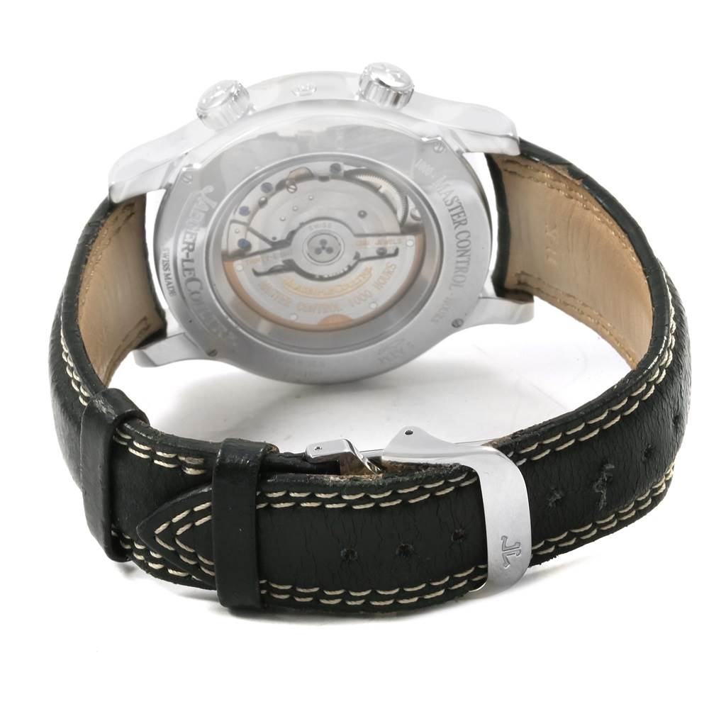 The image shows the back and strap of a Jaeger-LeCoultre Master model watch, highlighting the movement and leather band.