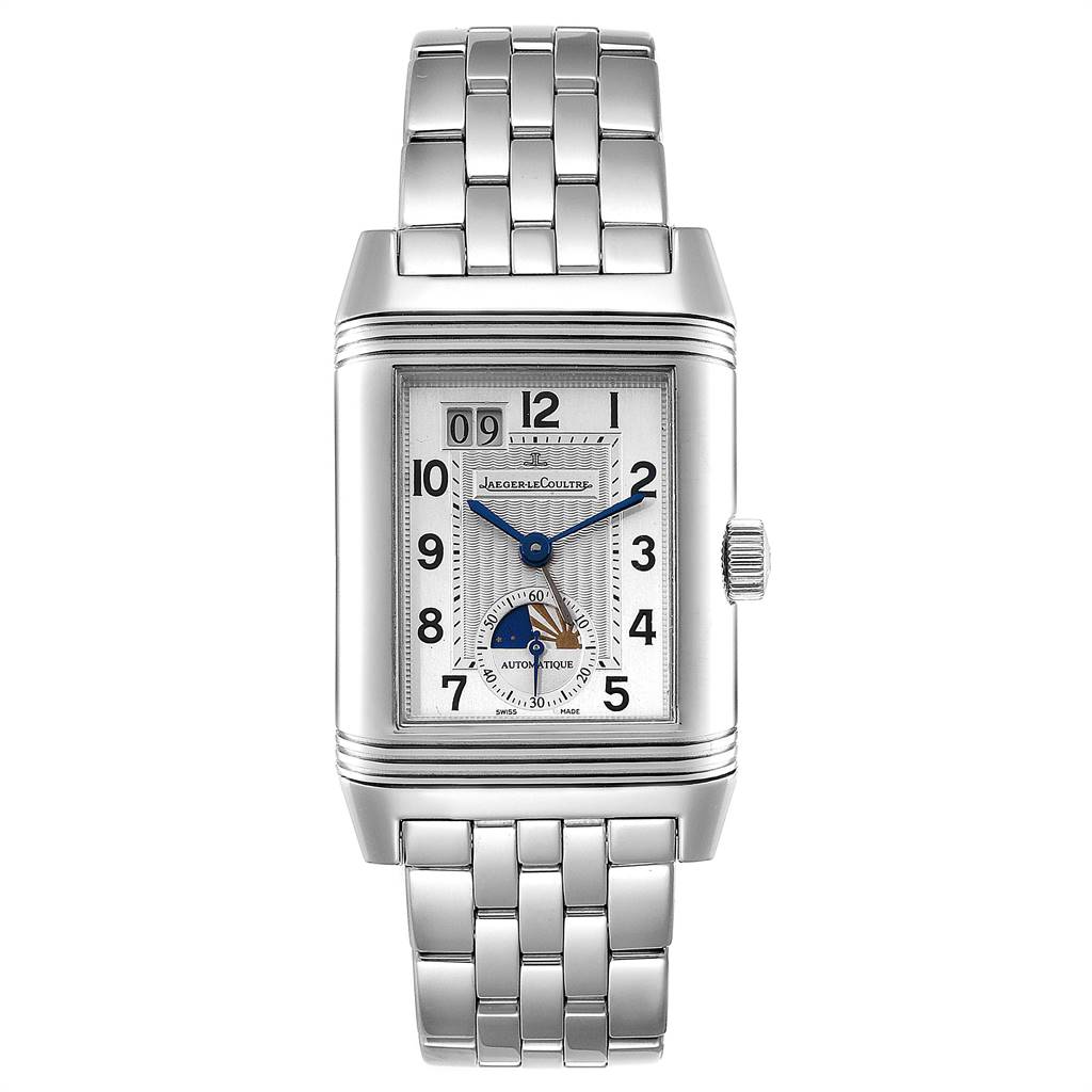 The Jaeger-LeCoultre Reverso watch is shown from a straight-on angle, displaying the watch face and metal bracelet.
