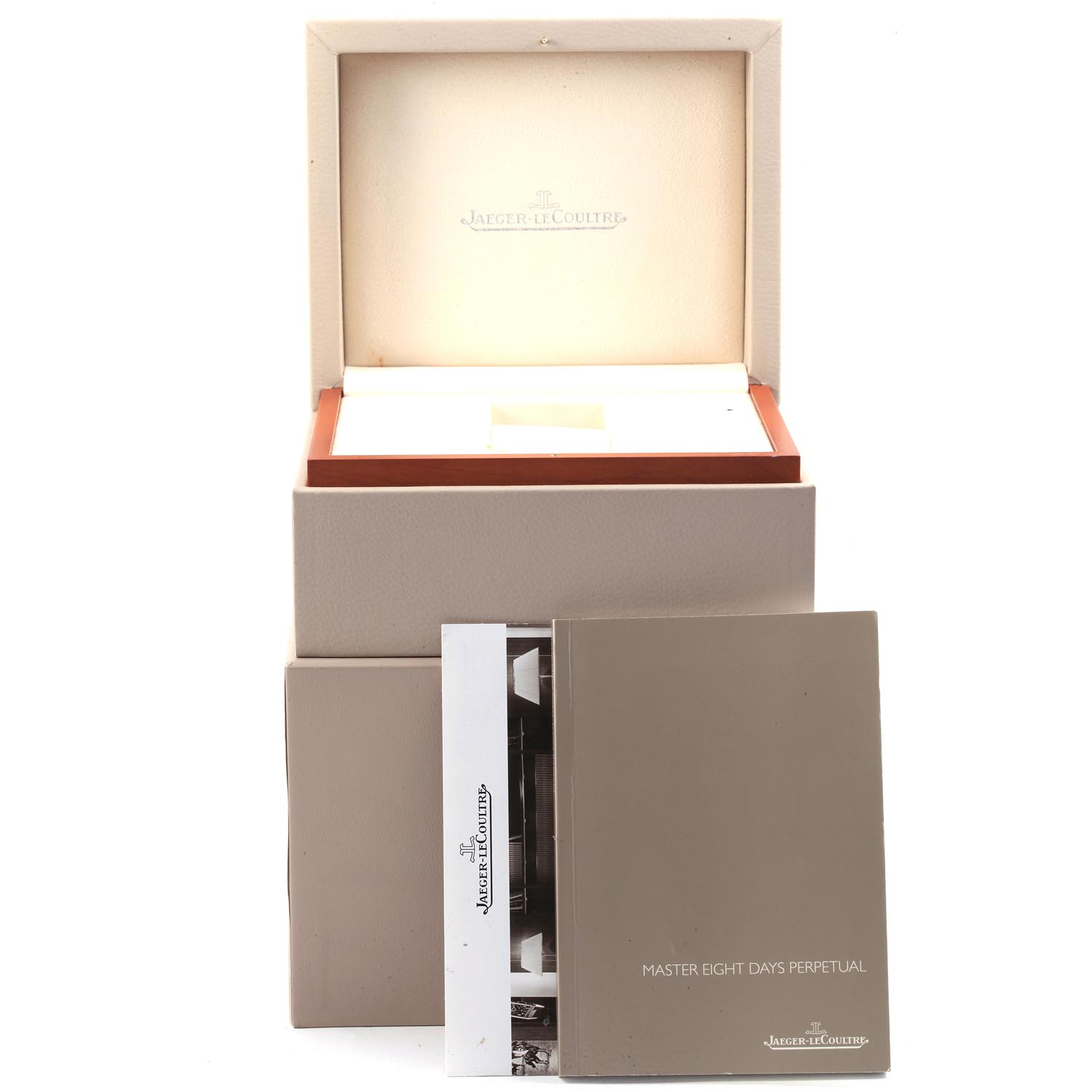 The image shows the packaging and manuals for the Jaeger LeCoultre Master Q174826S Men's Stainless Steel Silver Dial Q174826S Men's Stainless Steel Silver Dial Eight Days Perpetual watch from a front angle.