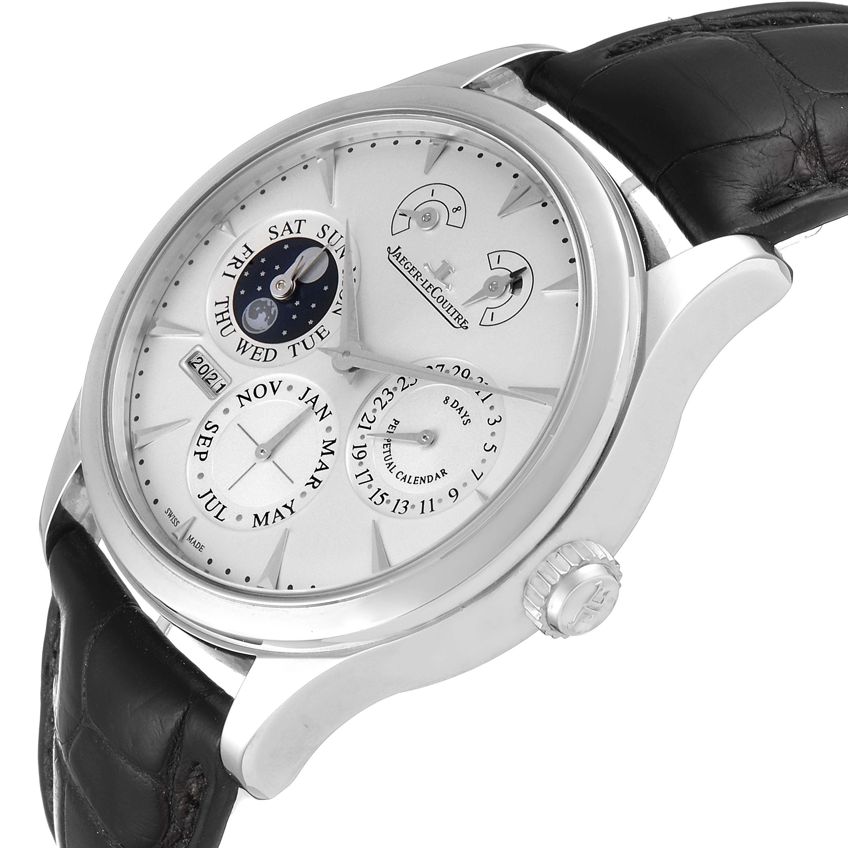 The Jaeger LeCoultre Master Q174826S Men's Stainless Steel Silver Dial Q174826S Men's Stainless Steel Silver Dial model watch is shown at a side angle, displaying the face, crown, and part of the black leather strap.