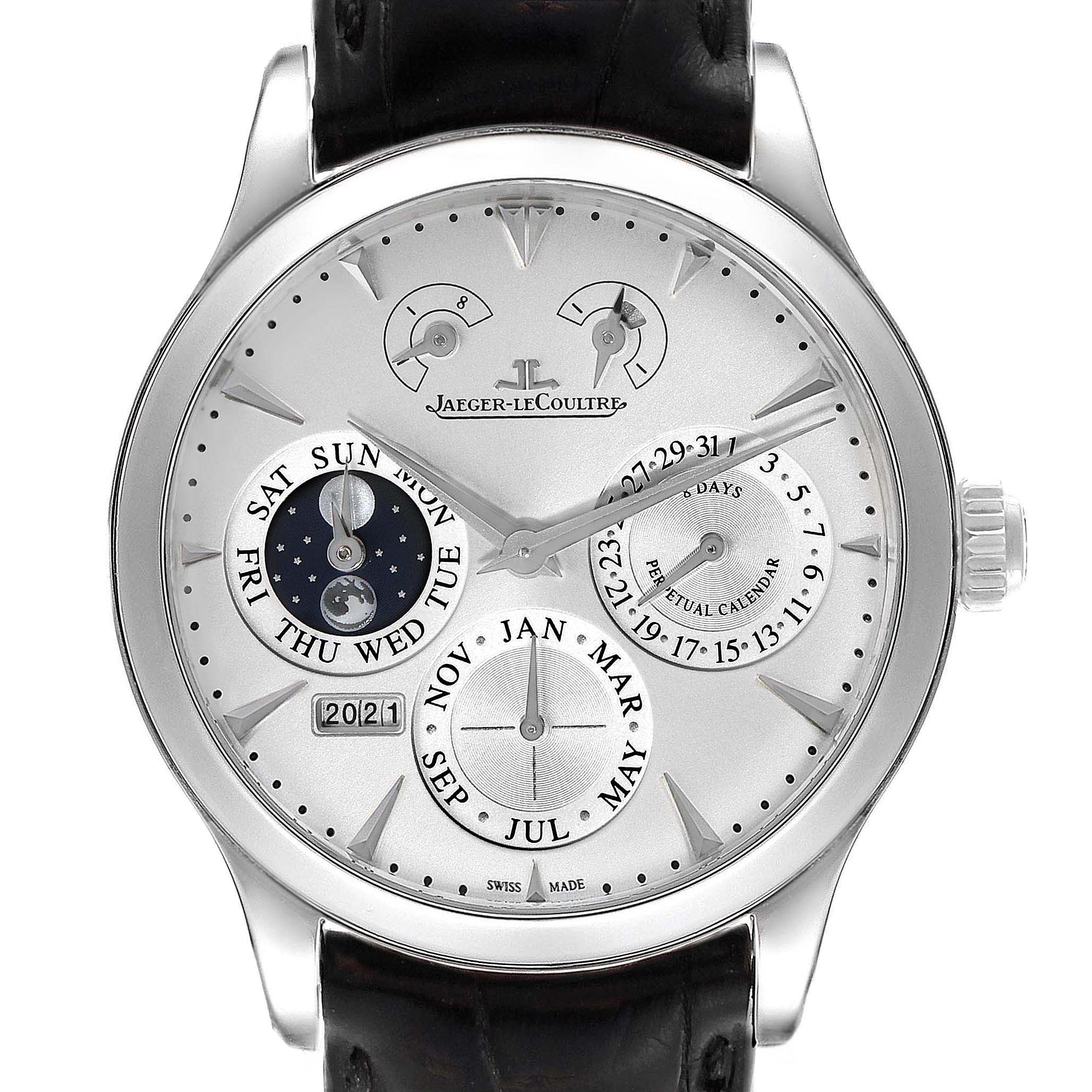 The image shows a front view of the Jaeger-LeCoultre Master watch, highlighting its dial with multiple subdials and date indicators.