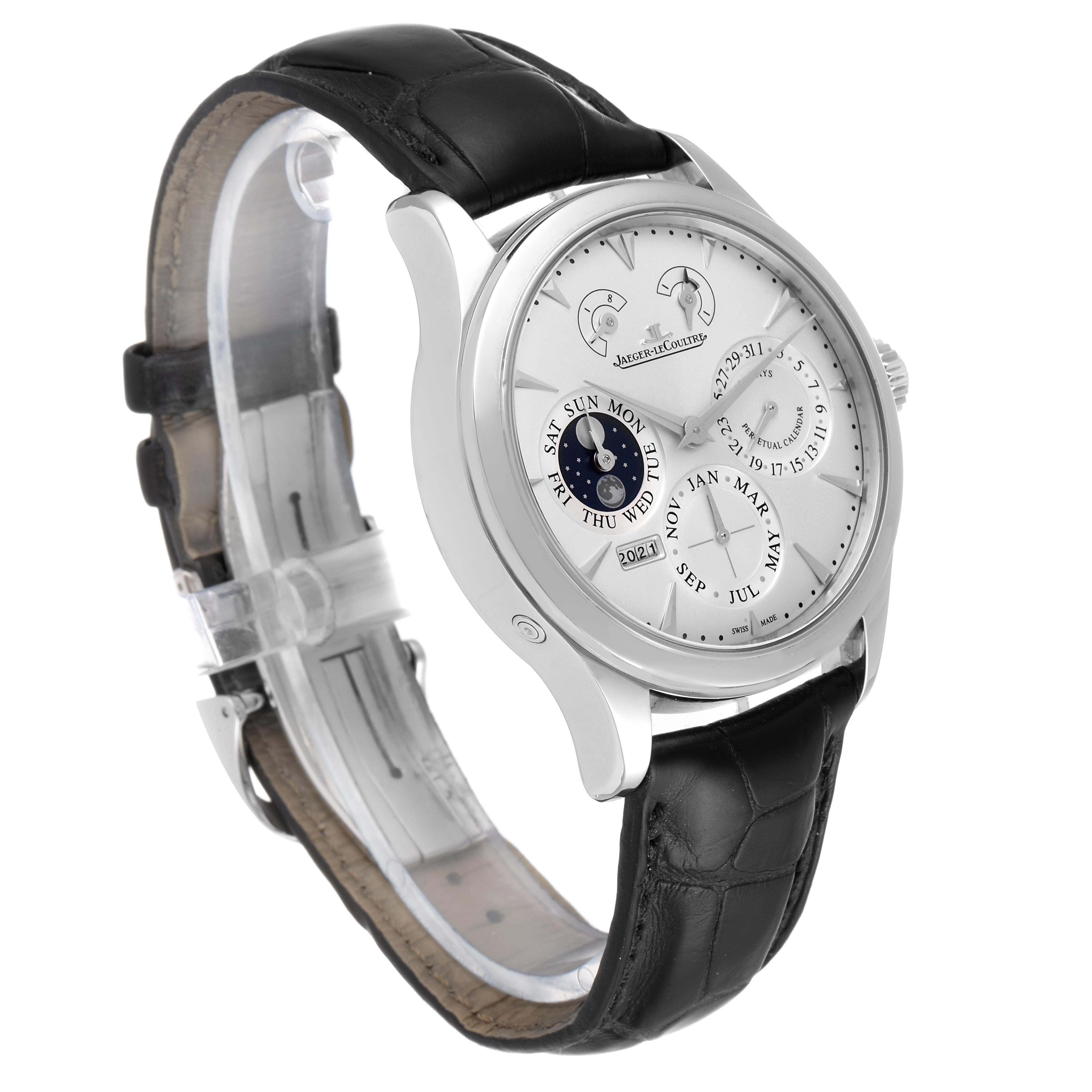 The image shows a Jaeger LeCoultre Master Q174826S Men's Stainless Steel Silver Dial Q174826S Men's Stainless Steel Silver Dial watch at a three-quarter angle, highlighting the face, strap, and side profile.